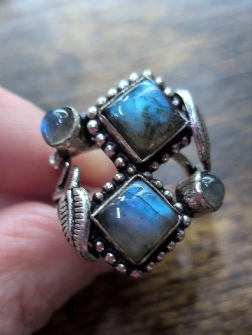 Labradorite Double Square Statement Ring - Silver Leaf Design